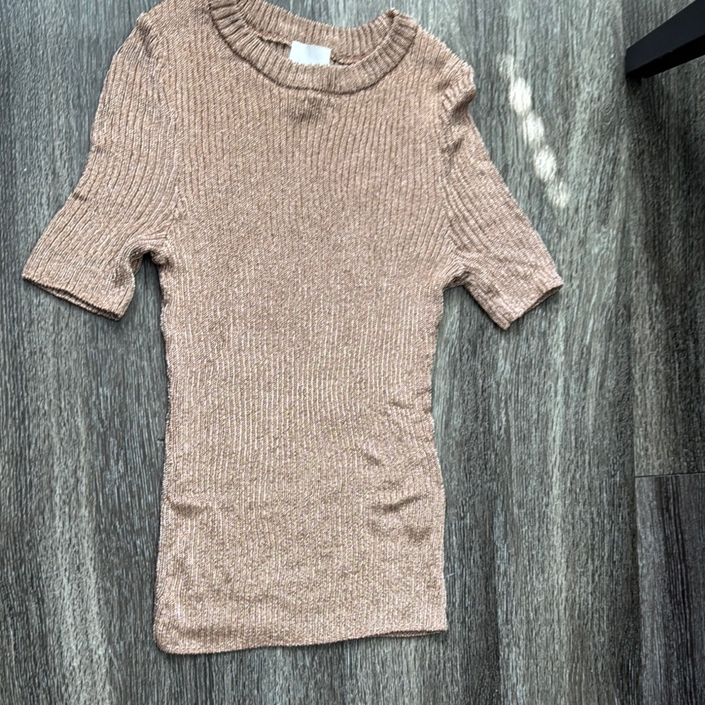 Ribbed Knit Short Sleeve Top in Tan